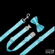 Load image into Gallery viewer, Turquoise blue dog collar, bow tie, and leash with white designs by Dapper &amp; Dainty Dog Co.
